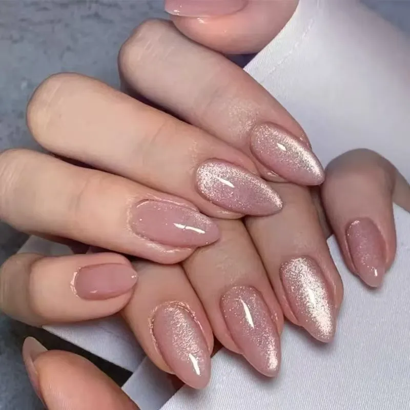 24pcs Medium Nails Nude Cat Eye Press On Nails Fake Nails Manicure Set