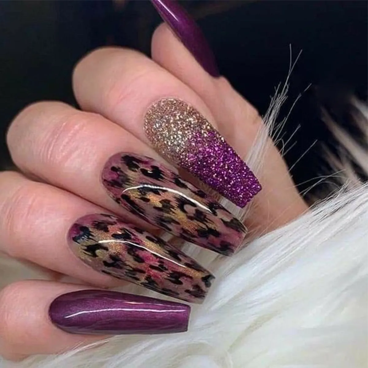 24pcs Long Coffin Purple Leopard Glitter Press