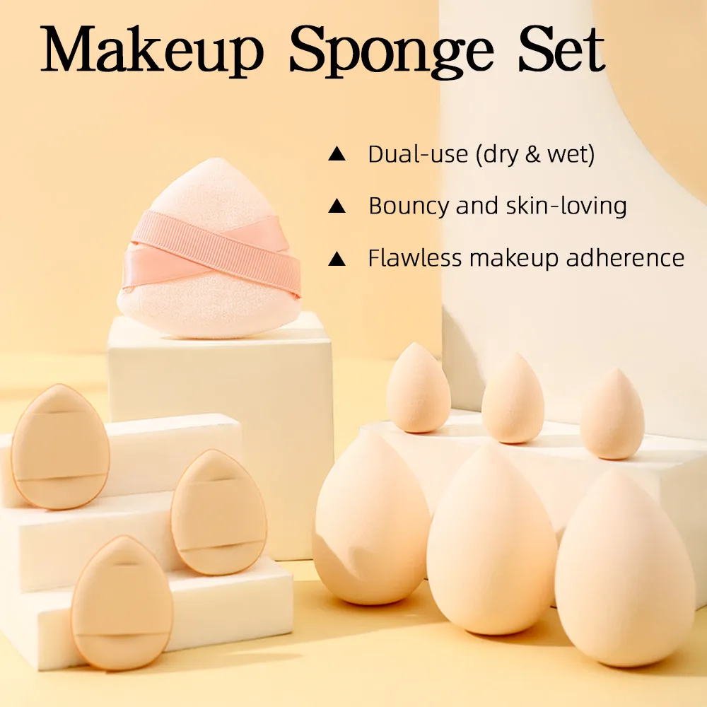 10pcs/ Set Apricot Makeup Sponge & Puff Kit
